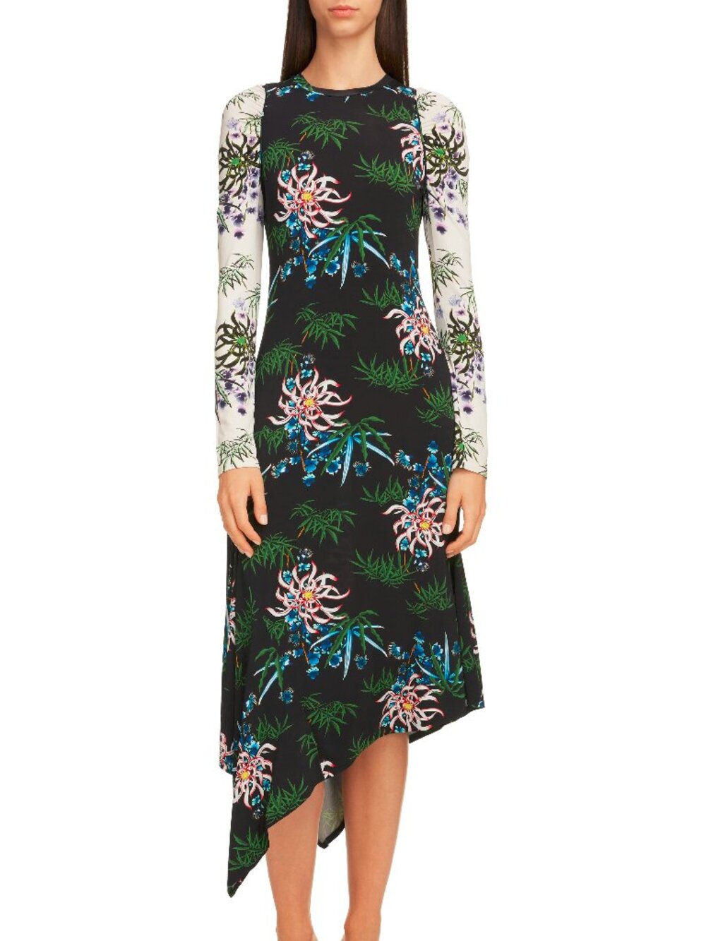Kenzo SS20 Black Sea Lily Long Sleeve Asymmetrical Midi Dress
